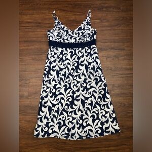 Ann Taylor Navy and Cream Silk Patterned Dress